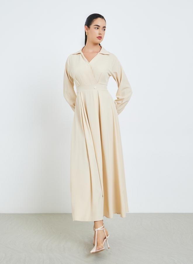 Styli Women Beige Pleated A-Line Maxi Dress - Image 2